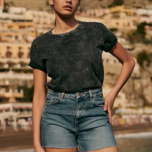 Sezane Womens Conrad T-Shirt Cotton Short Sleeves Acid Wash Black Size L - Picture 1 of 9